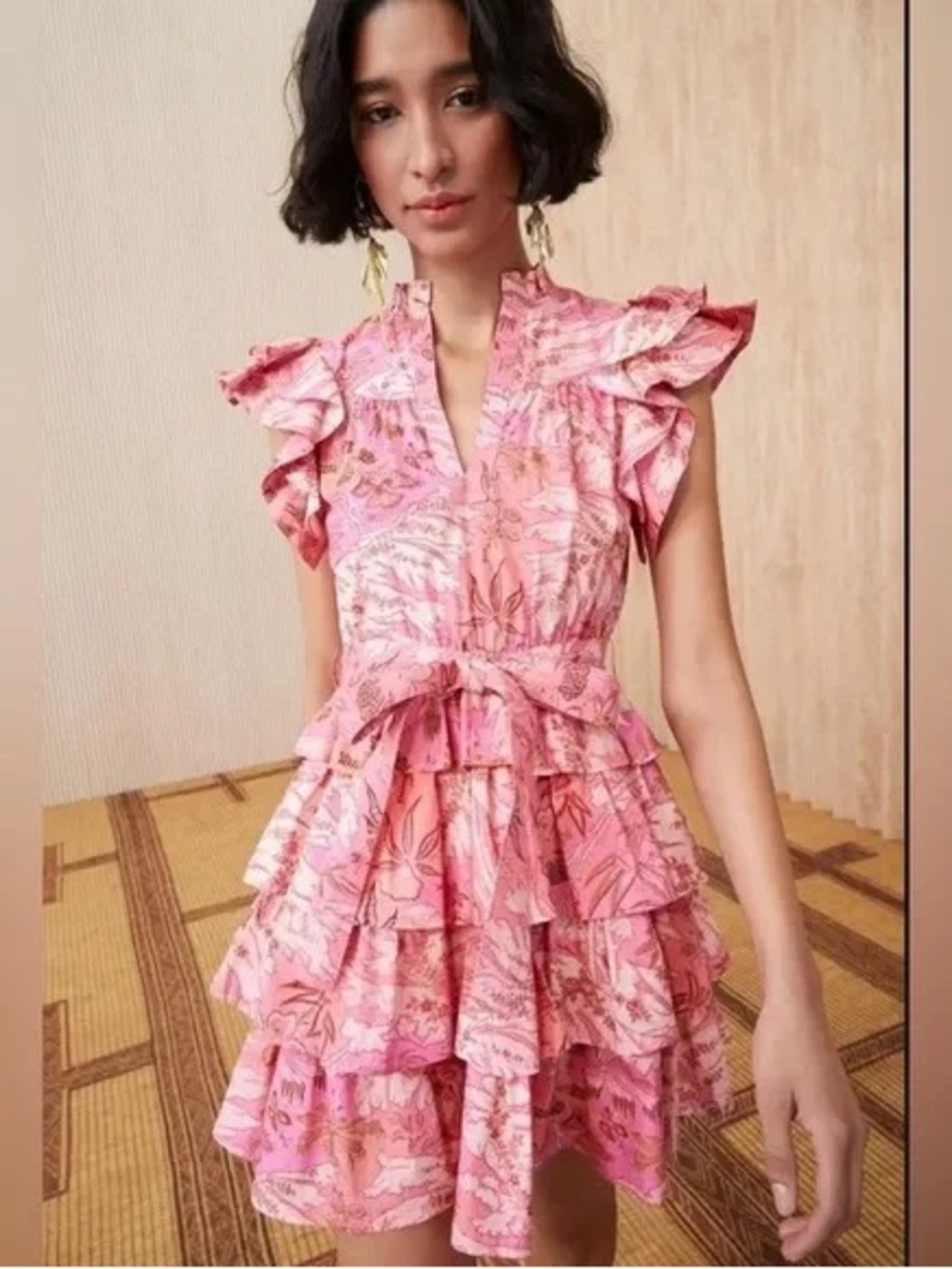 Pink Ruffle Tiered Mini Dress with Tie Waist